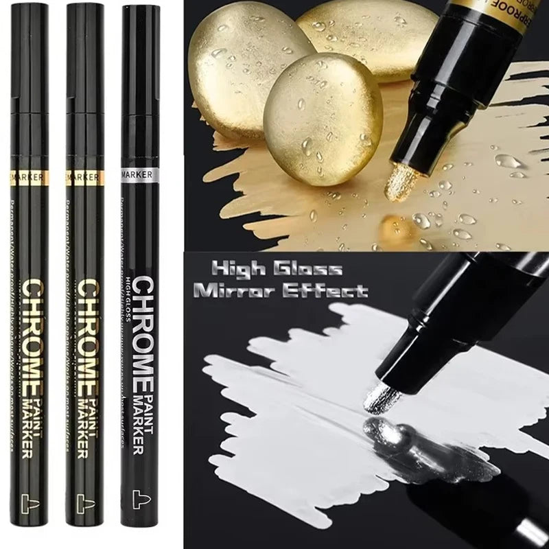 Chrome Mirror Paint Markers – Metallic Gold & Silver Liquid Ink Pens for Glass, Rock, Ceramic & Metal (1–5pcs, 2mm Nib)