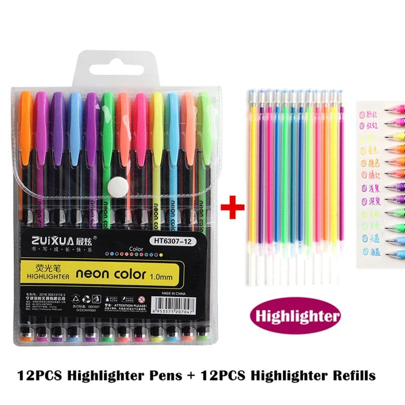 Kissbuty Glitter, Metallic, Pastel & Highlighter Gel Pens – 1.0mm Coloring Pens with Refills for Journaling, Art & Adult Colouring Books (12pcs)