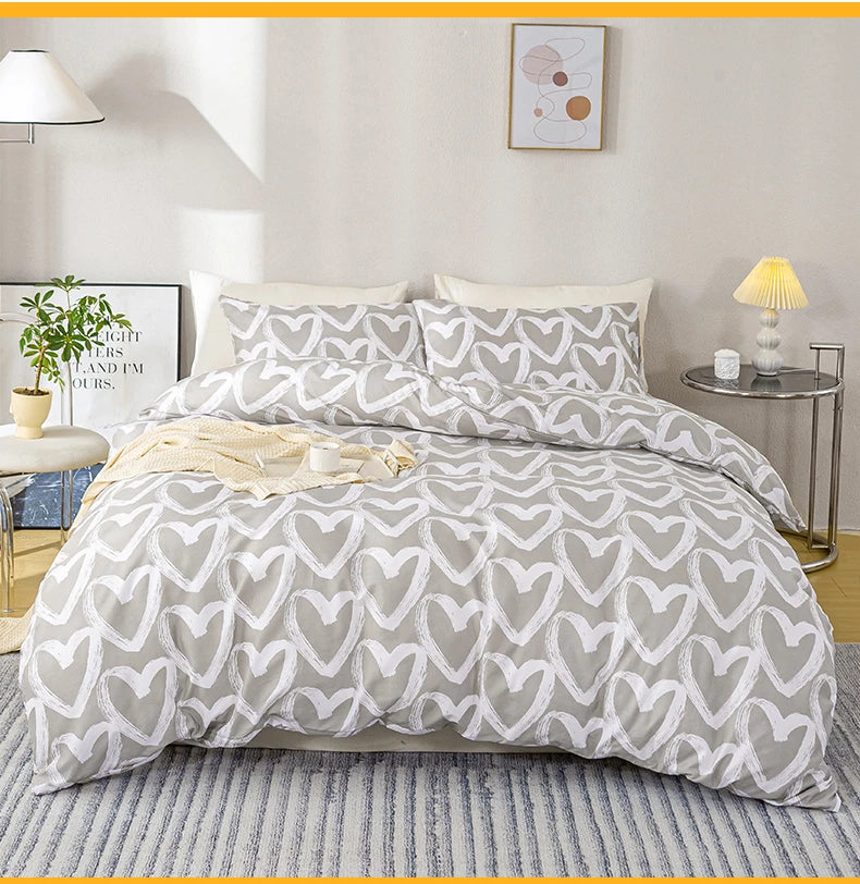 3pcs/set Heart Print Duvet Cover Set - Blue & Gray(1 Duvet Cover & 2 Pillowcase?Soft And Skin-Friendly Duvet Cover Bedding Set