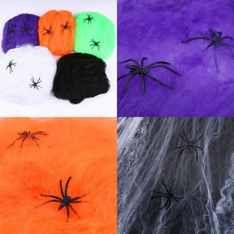 Stretchy Spider Web Halloween Decoration with Mini Spiders – Scary Party Prop