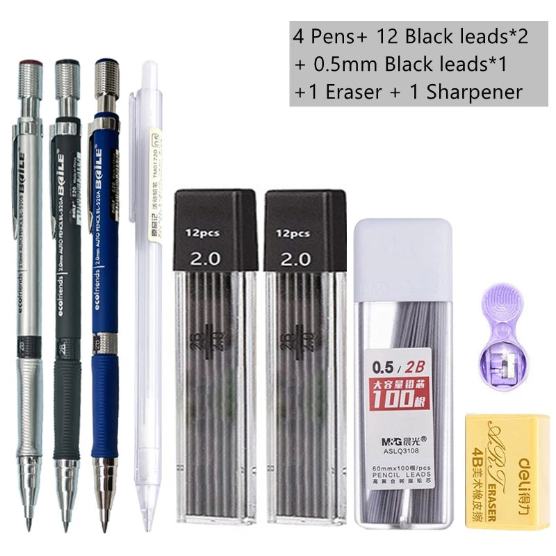 2.0mm Mechanical Pencil Set with 2B Lead Refills – Black & Colour Leads for Writing, Sketching, Drawing & Art (Pencil Sets & Refill Packs)