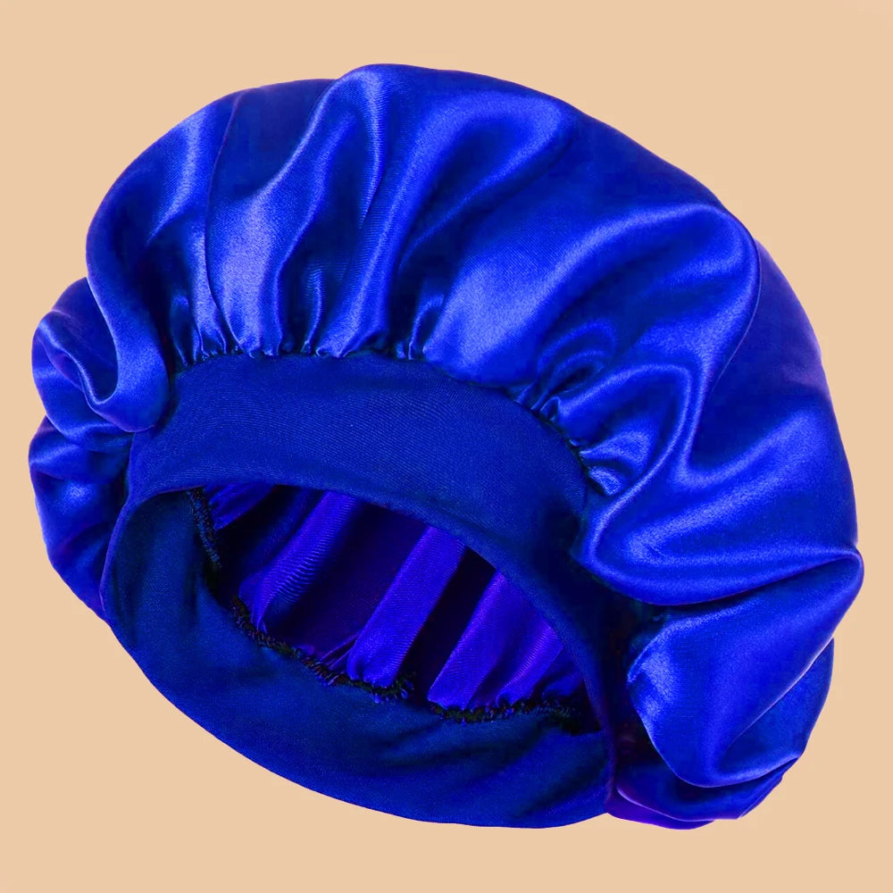 Satin Wide-Brim Shower & Sleep Cap for Women - Solid Color Silk Bonnet for Daily Hair Care