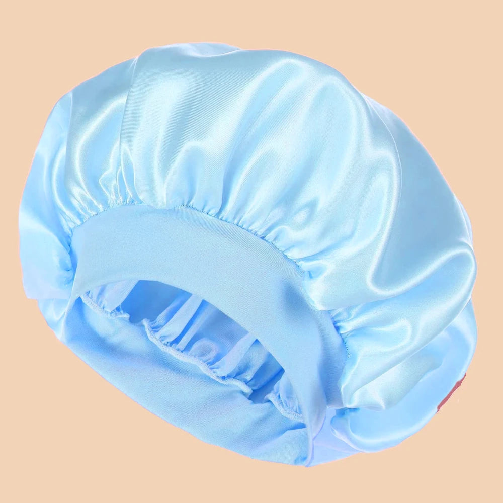 Satin Wide-Brim Shower & Sleep Cap for Women - Solid Color Silk Bonnet for Daily Hair Care