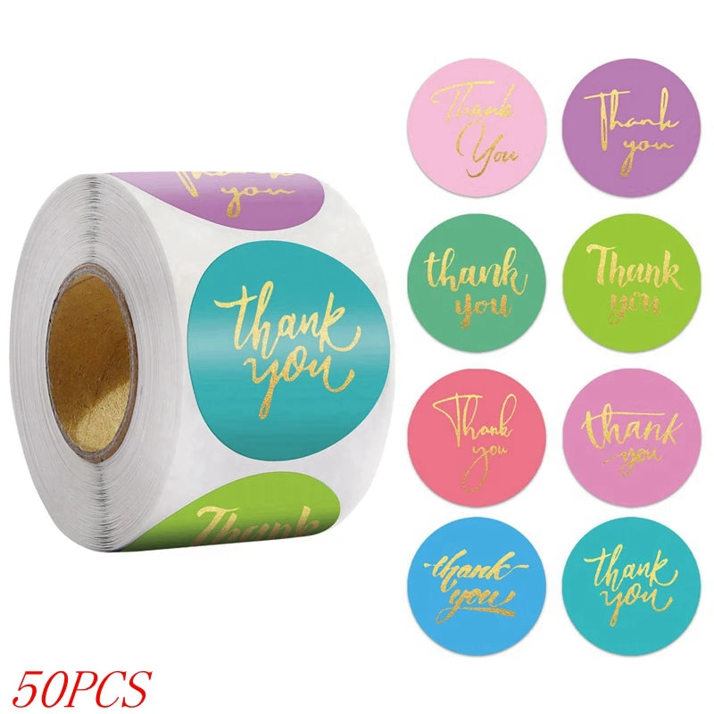 "Thank You" Round Stickers – 1 inch Envelope Seal Labels for Packaging, Weddings, Party Favours & Handmade Gifts (50–500pcs, Multiple Designs)