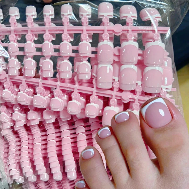 Press-On Toenails – 120pcs Short Square French Pink Soft Gel False Toe Nail Tips