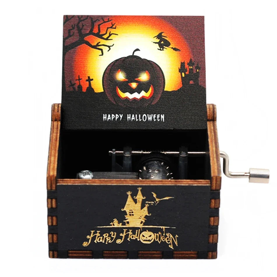 Antique Carved Wooden Hand Crank Music Box – Extended Song Collection with Halloween & Classic Themes