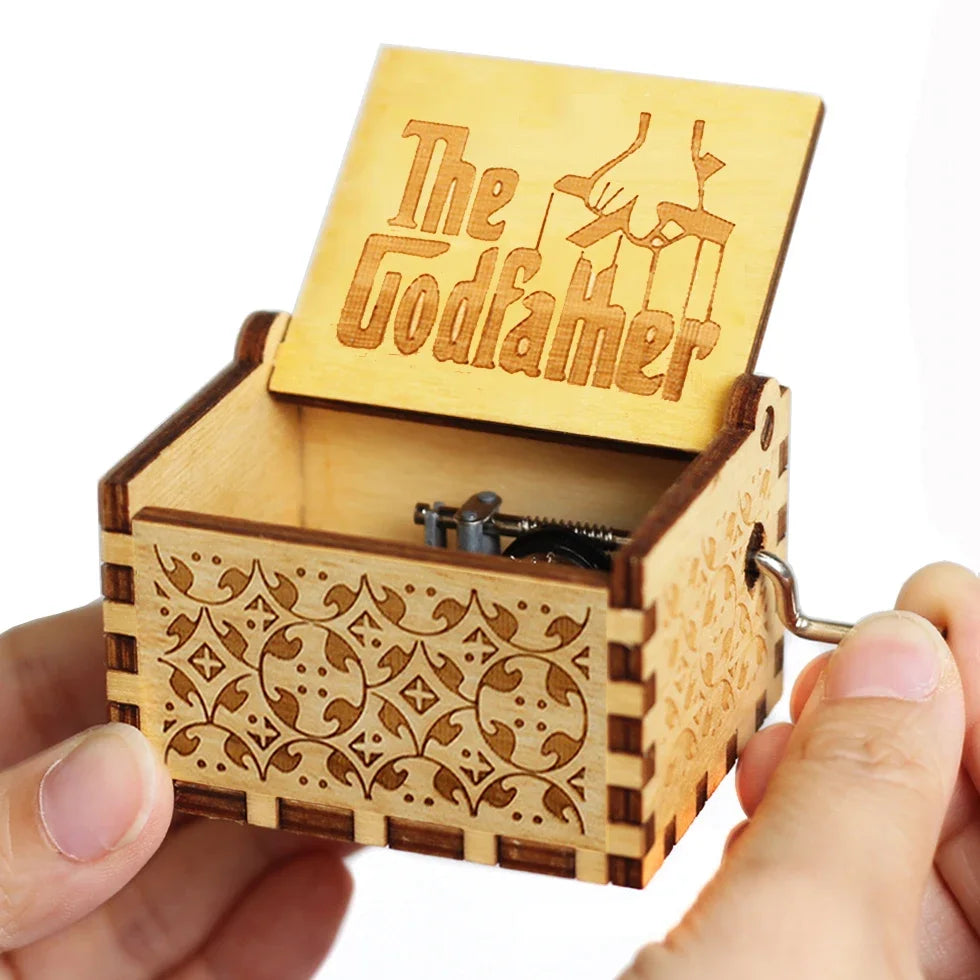 Antique Carved Wooden Hand Crank Music Box – Extended Song Collection with Halloween & Classic Themes