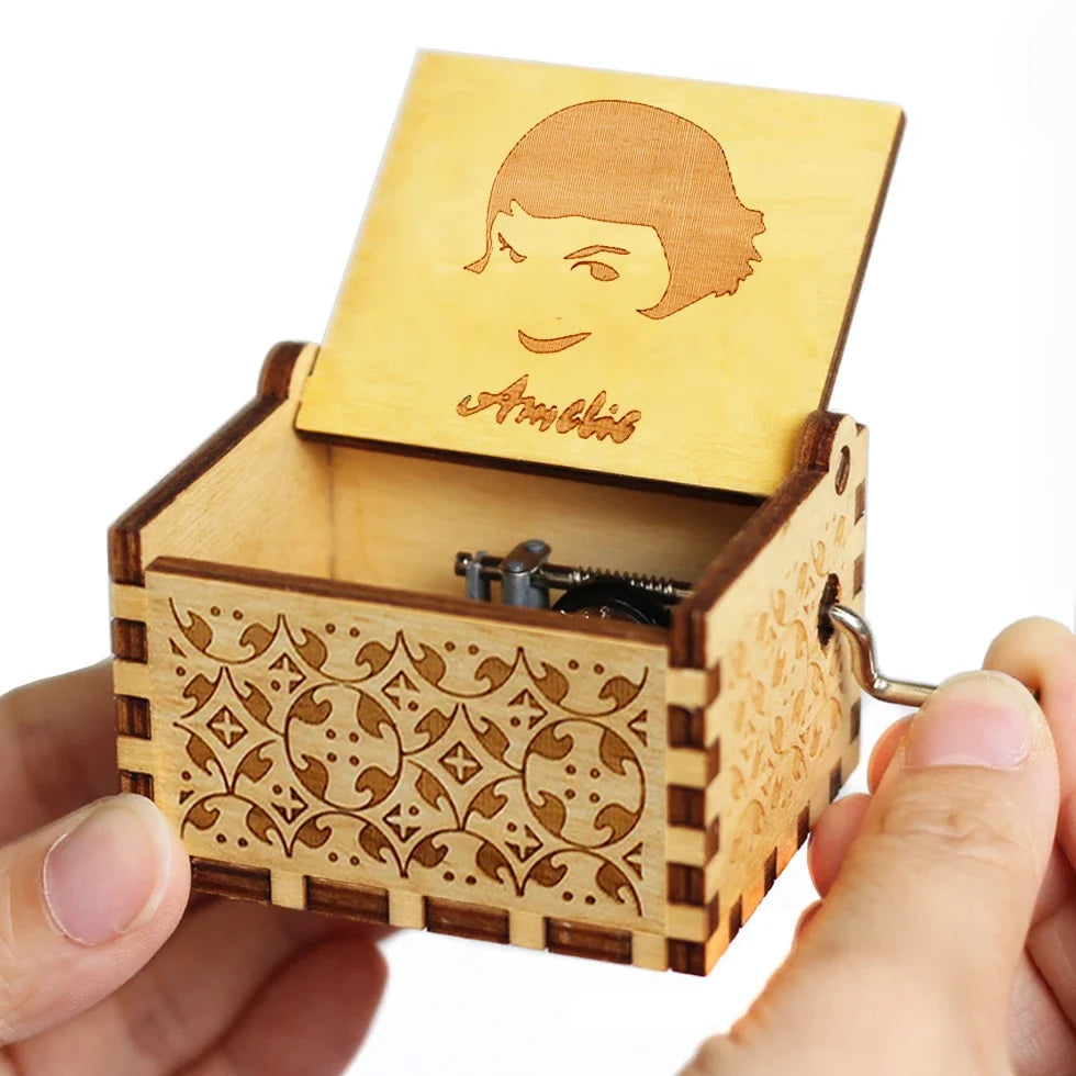 Antique Carved Wooden Hand Crank Music Box – Extended Song Collection with Halloween & Classic Themes