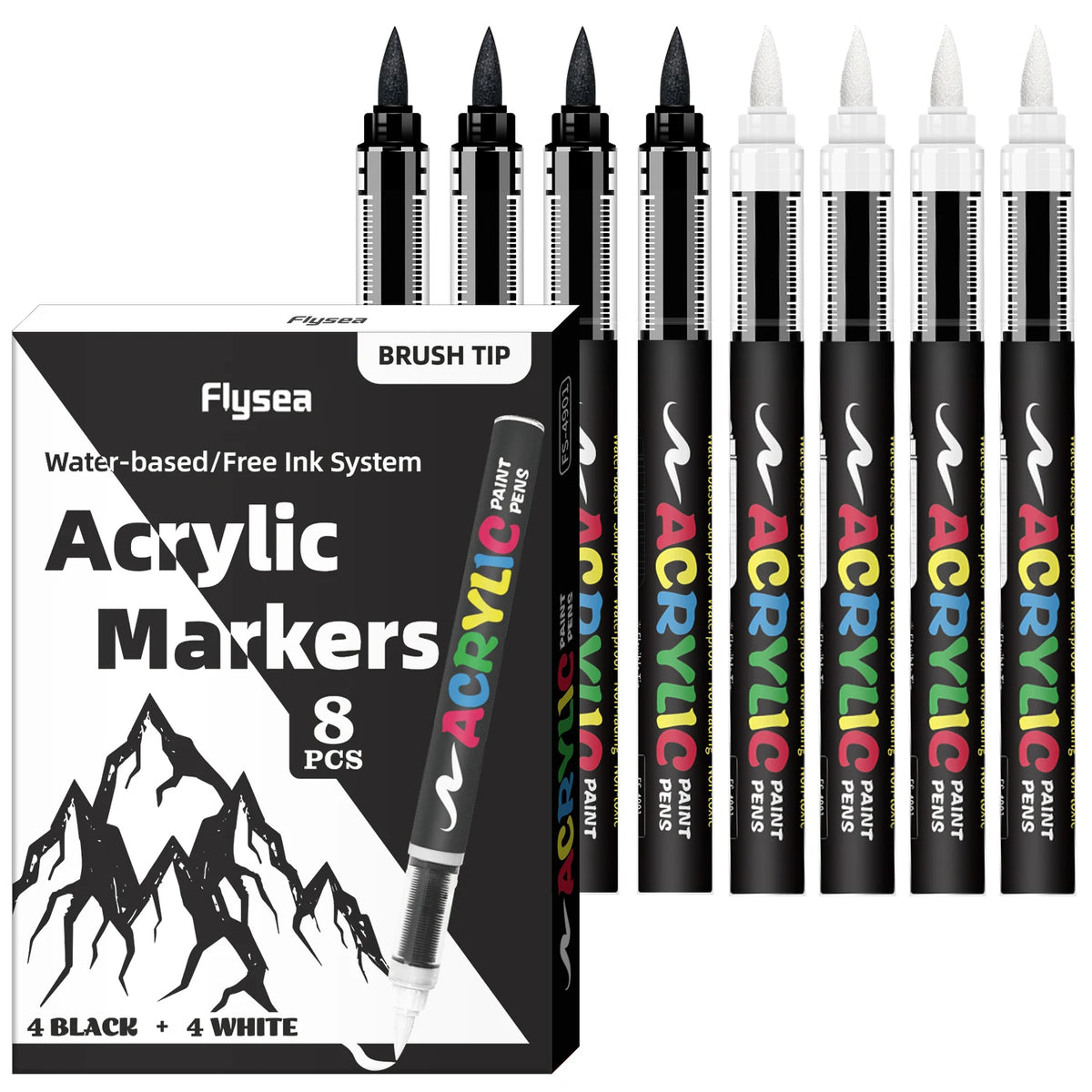 Flysea Black & White Acrylic Paint Markers – Large Ink Capacity 8-Pack for Illustration, Sketching, Wood, Glass & Fabric (All