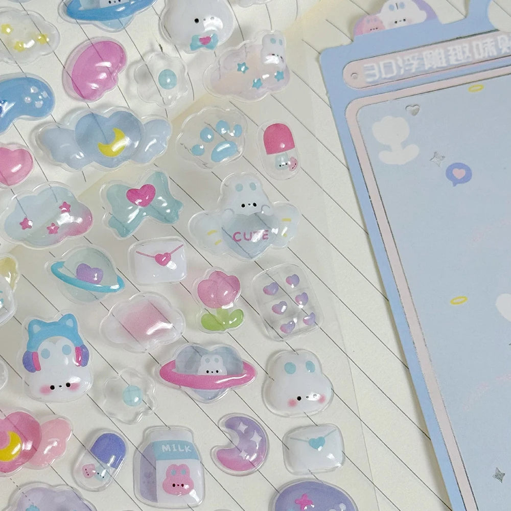 3D Embossed Diamond Cartoon Sticker Sheet – PVC Craft Decals for Scrapbooking, Journaling & Stationery Decoration (4 Designs 
