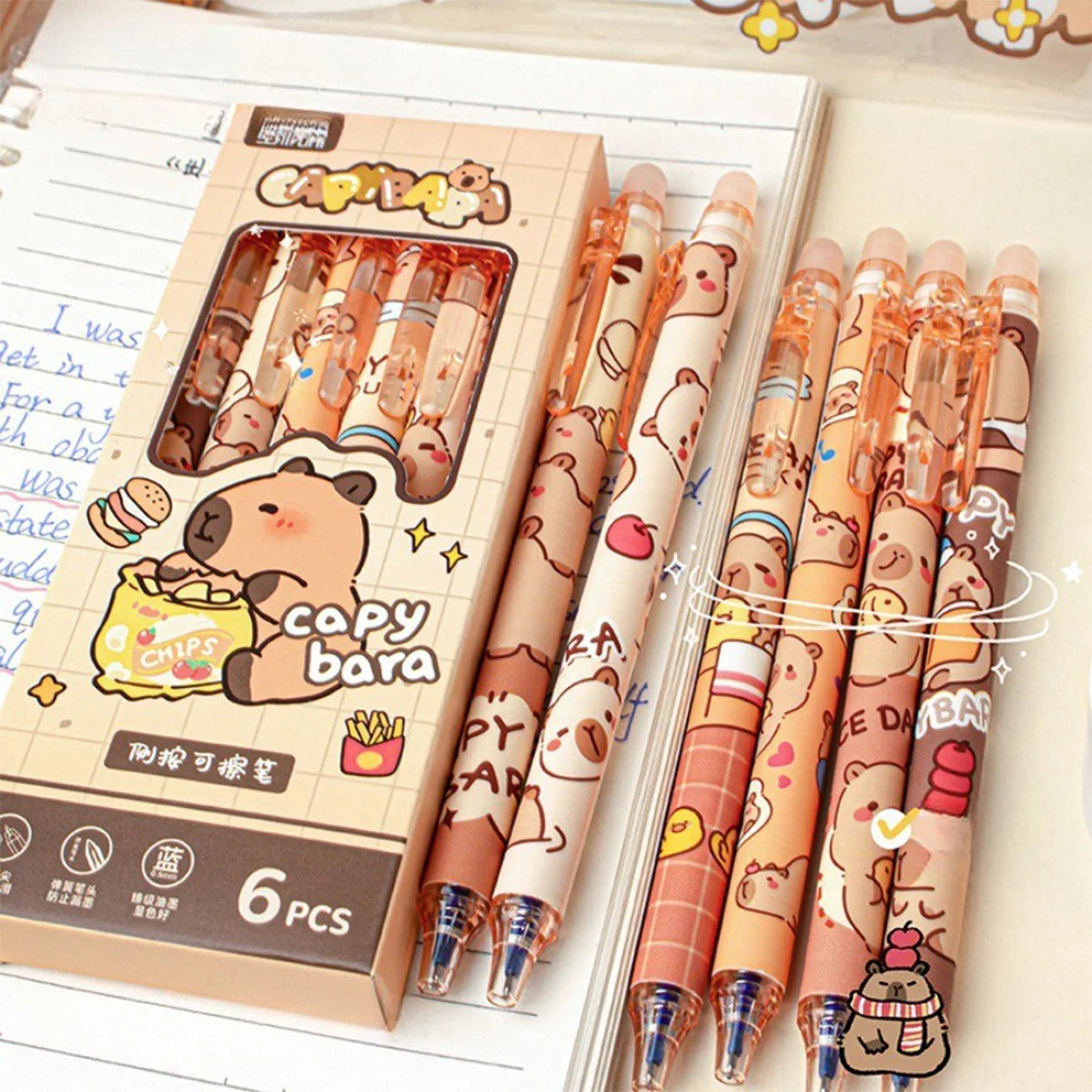Capybara Erasable Refillable Gel Pens – Smudge-Free 0.5mm Cute Animal Stationery for Students & Office (5- or 6-Pack)