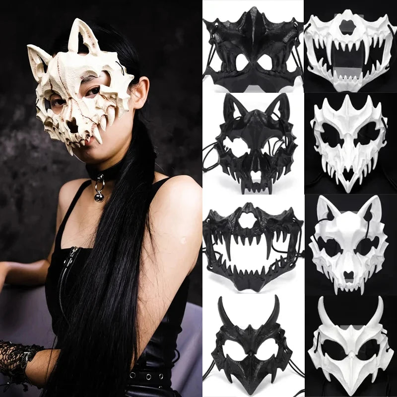 Japanese Half-Face Resin Mask – Dragon God, Tiger, Tengu, Wolf & Skull Styles for Halloween & Cosplay