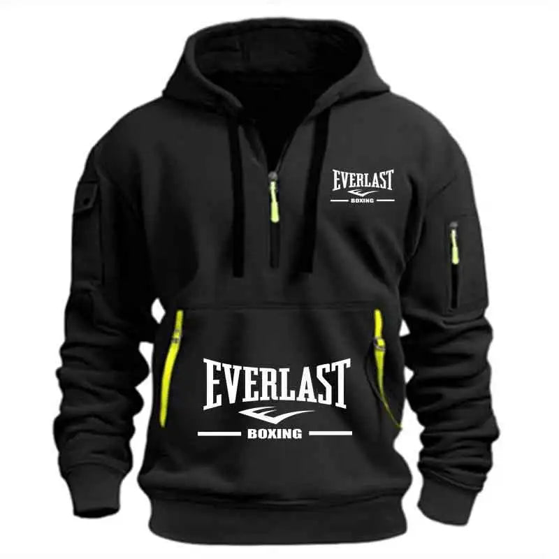 Men's Fashion Casual Hoodie Multi-pocket Sports Long-sleeve Sweatshirt Up Down Print Warm Half Zip Hooded Fitness Pullover Go