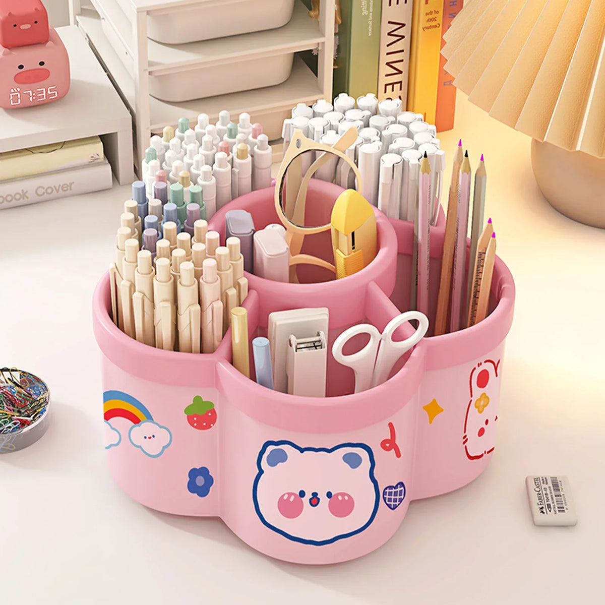 Rotating Desk Organiser – Large Pen & Makeup Brush Holder for Office, Dorm & Vanity in Cherry Pink or White (Japan Style)