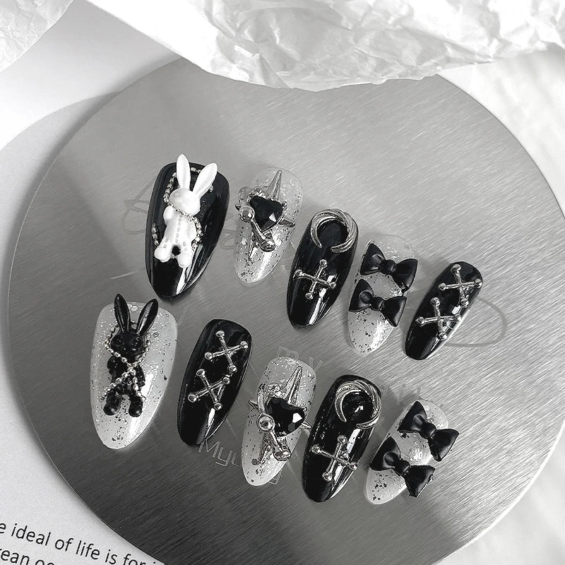 Halloween Black & White Bunny Press-On Nails – 10pcs Handmade Almond Shaped Fake Nails for Women