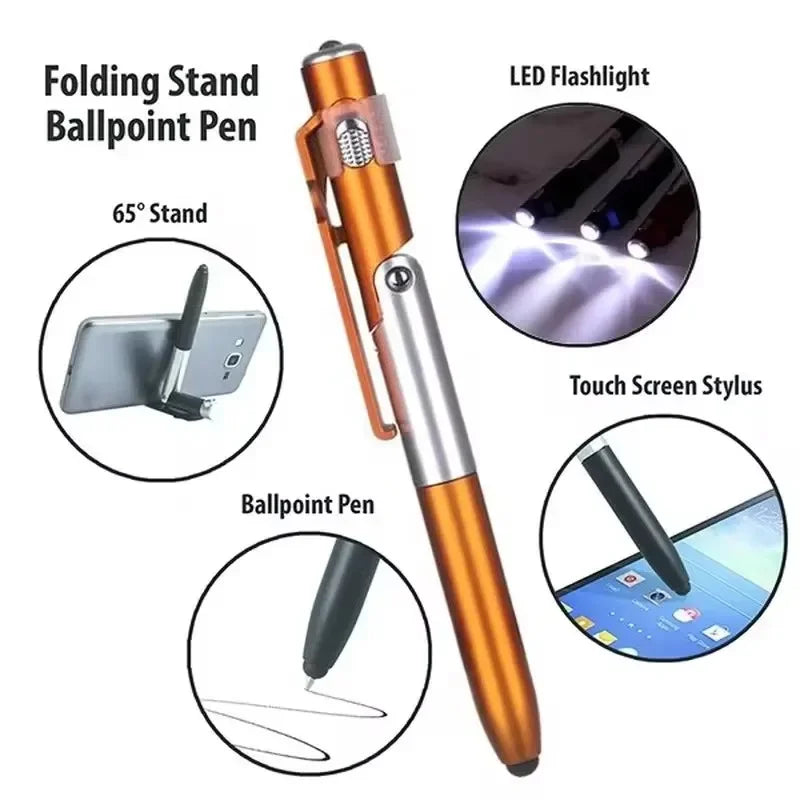 4-in-1 Multifunction Ballpoint Pen Stylus – Touchscreen Stylus, Flashlight & Tablet Stand in One (Green, Orange, Black or Blu