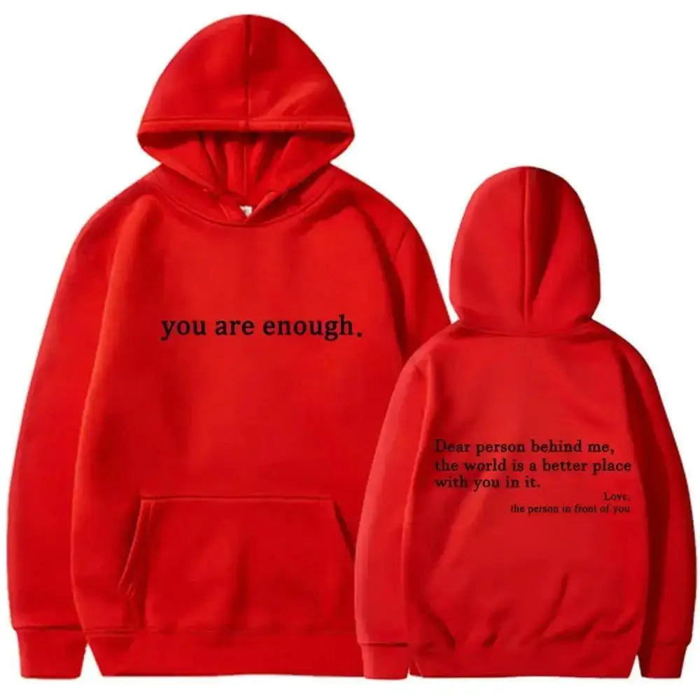 Autumn Winter Men Hooded Dear Person Behind Me You Are Enough Print Fashion Sweatshirt Hip Hop Casual Unisex Clothing
