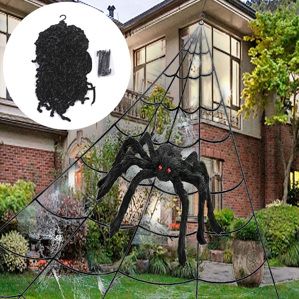 Halloween 5m Giant Plush Triangle Spider Web Decoration – Indoor & Outdoor Haunted Yard Prop (Black or White)