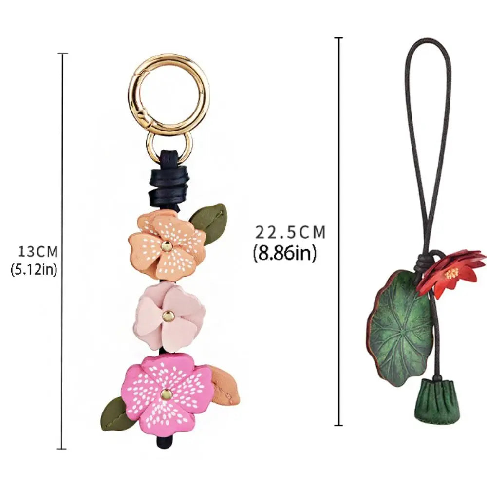 Handmade PU Leather Flower Bag Pendant & Keychain – Lotus Charm for Women