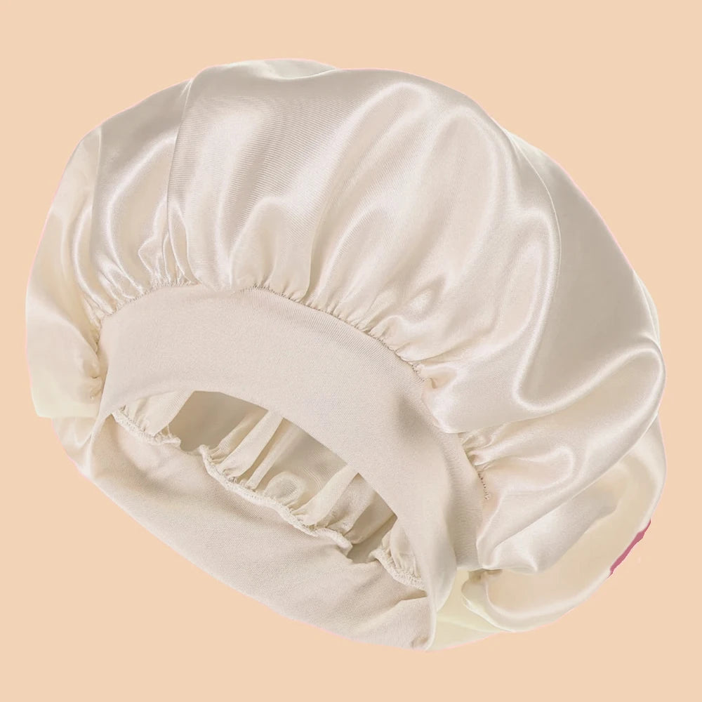 Satin Wide-Brim Shower & Sleep Cap for Women - Solid Color Silk Bonnet for Daily Hair Care