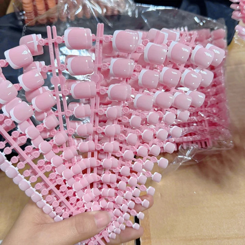 Press-On Toenails – 120pcs Short Square French Pink Soft Gel False Toe Nail Tips