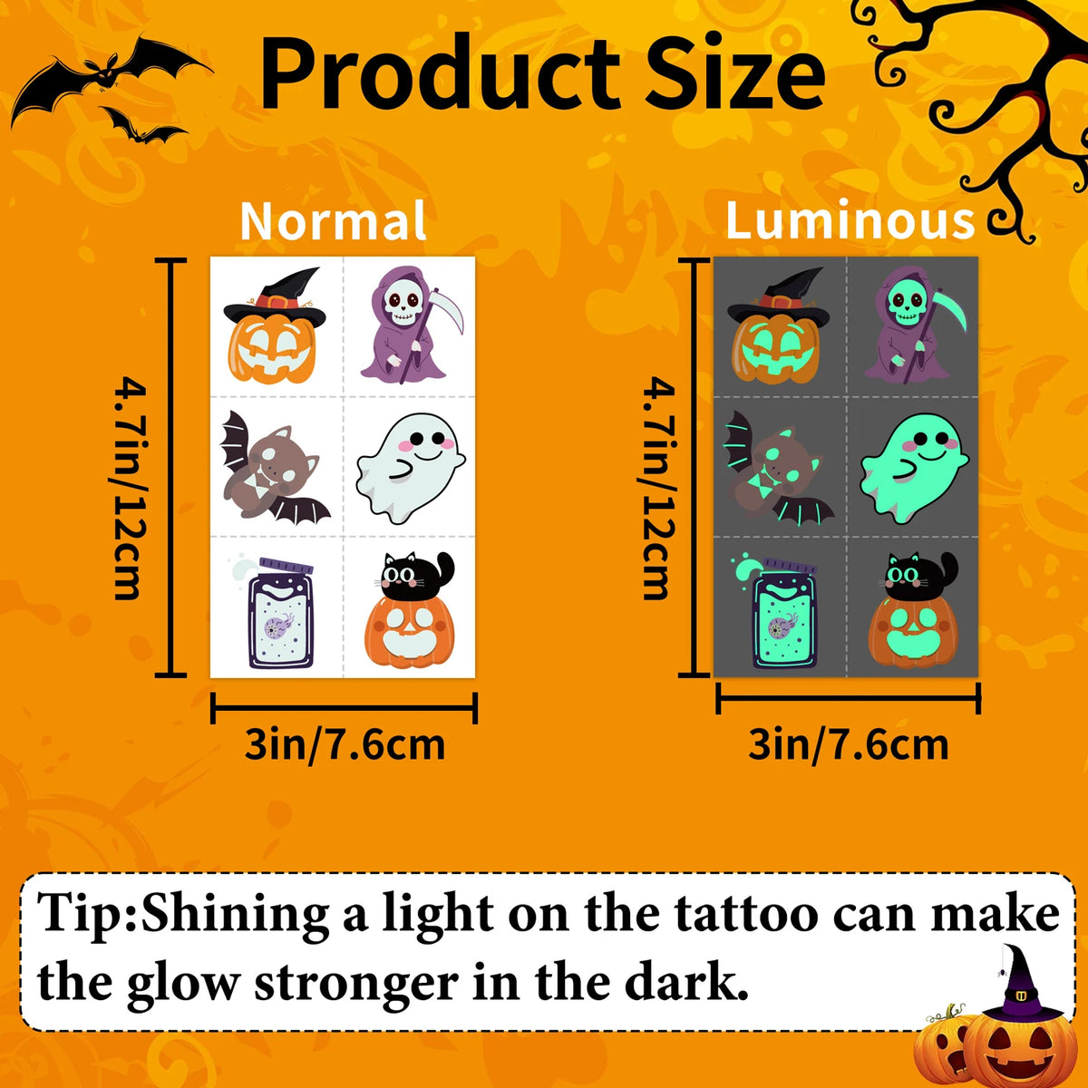 Glow-in-the-Dark Halloween Temporary Tattoos – 36 Sheets with Mixed Spooky Patterns for Party Decor & Gifts