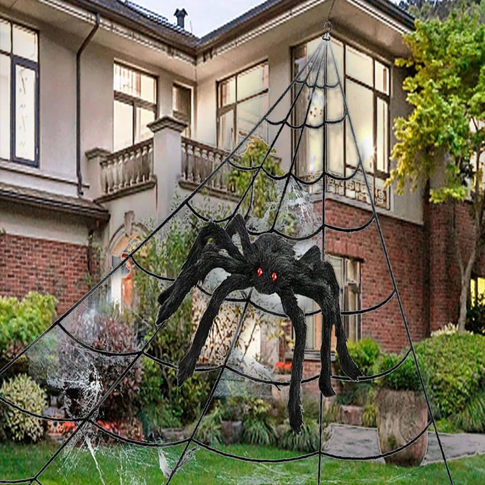 Halloween 5m Giant Plush Triangle Spider Web Decoration – Indoor & Outdoor Haunted Yard Prop (Black or White)