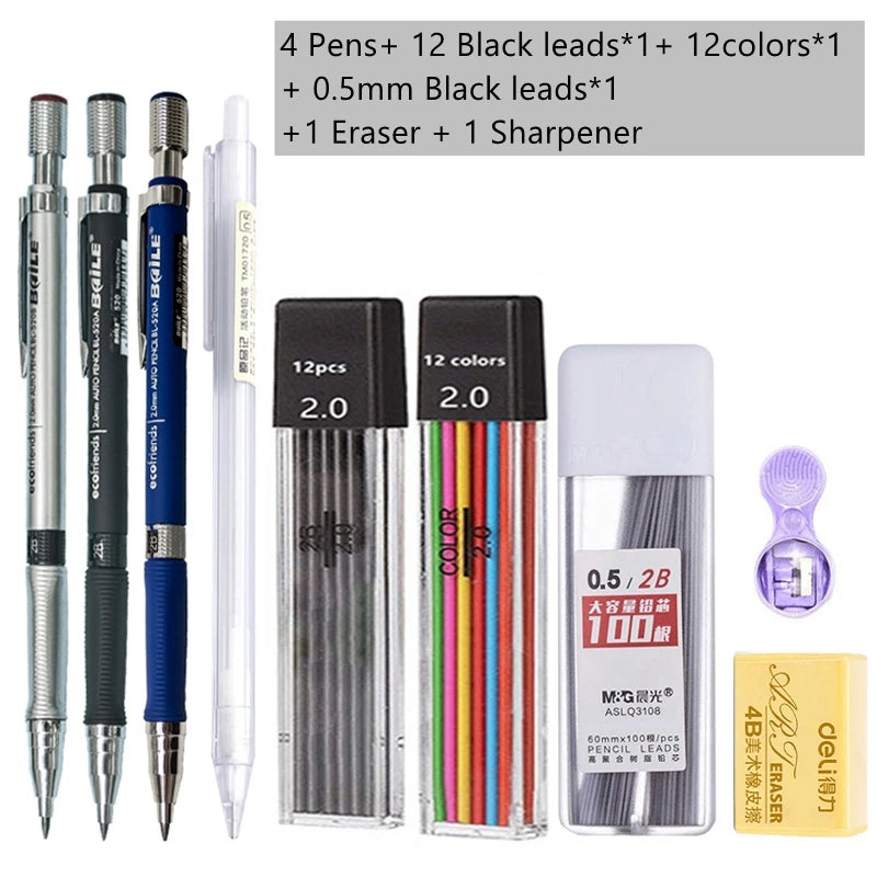 2.0mm Mechanical Pencil Set with 2B Lead Refills – Black & Colour Leads for Writing, Sketching, Drawing & Art (Pencil Sets & Refill Packs)