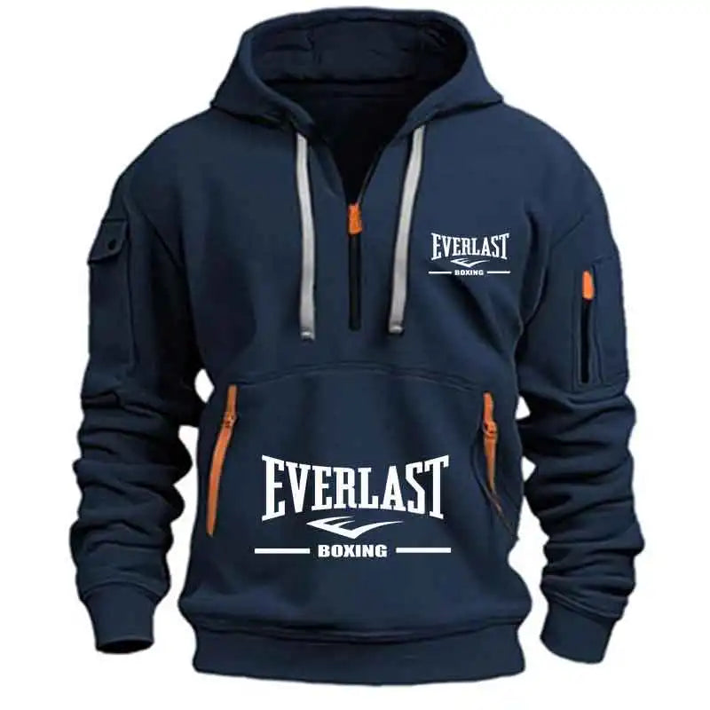 Men's Fashion Casual Hoodie Multi-pocket Sports Long-sleeve Sweatshirt Up Down Print Warm Half Zip Hooded Fitness Pullover Go