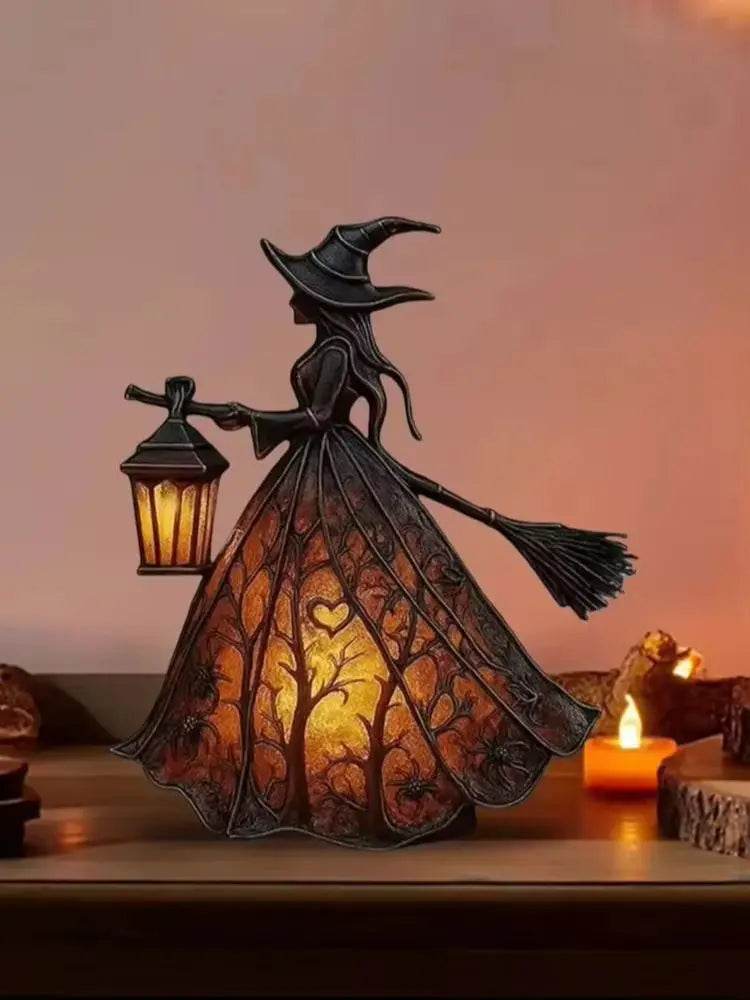 Halloween Witch Lantern LED Night Light – Gothic Resin Statue with Broom for Spooky Home Decor