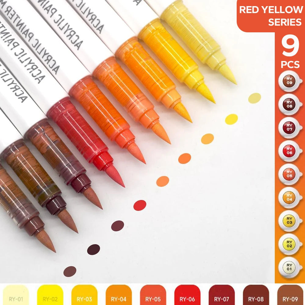Acrylic Brush Marker Set – 9-Colour Pro Palette Series with Automatic Ink Control for Illustration & Fine Art (9 Series Available)