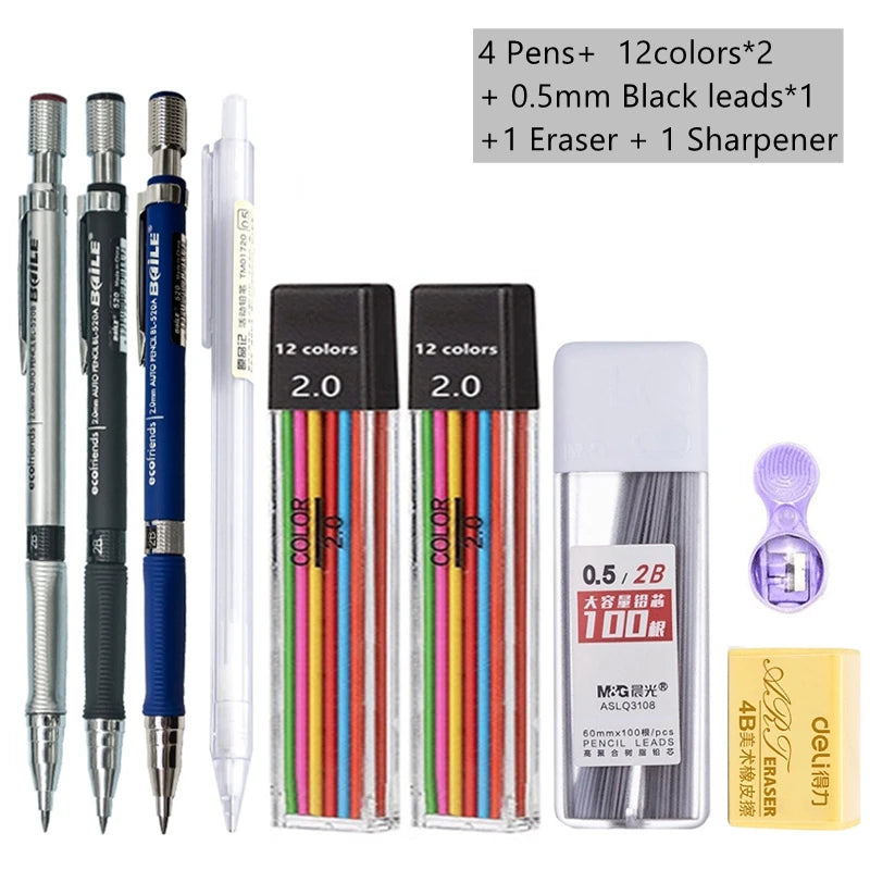 2.0mm Mechanical Pencil Set with 2B Lead Refills – Black & Colour Leads for Writing, Sketching, Drawing & Art (Pencil Sets & Refill Packs)