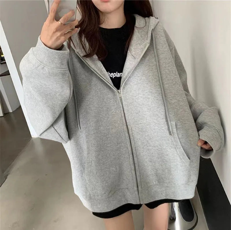Korean Fashion Zipper Hood Sweatshirt Women Autumn Long Sleeve Tops Casual Y2K Hoodies Streetwear Harajuku Loose Jackets Coat