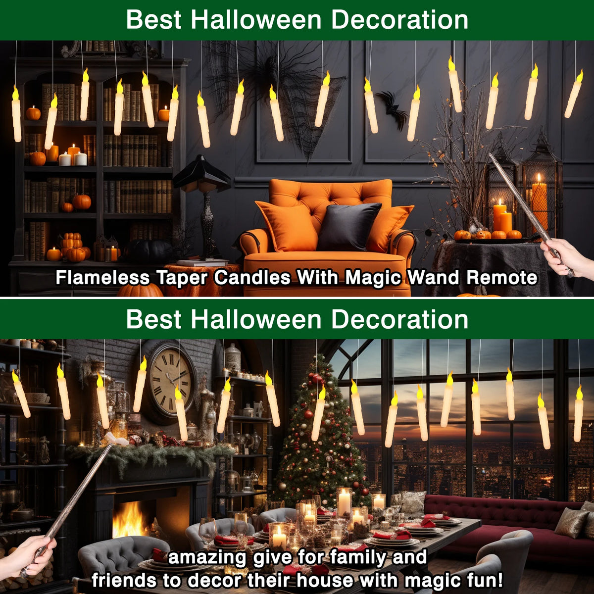 LED Floating Candles with Magic Wand Remote – Flameless Hanging Taper Candles for Halloween, Parties & Home Decor