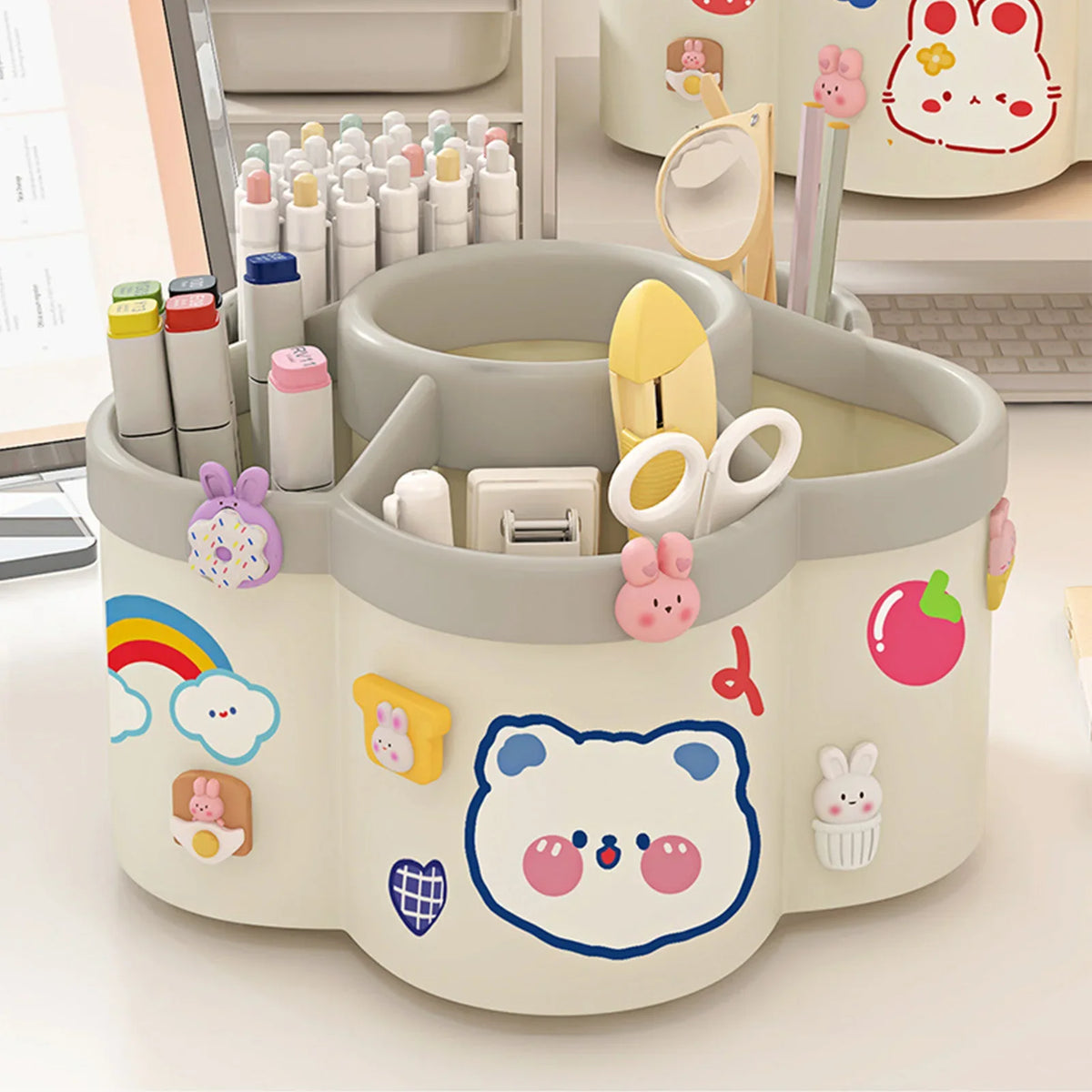 Rotating Desk Organiser – Large Pen & Makeup Brush Holder for Office, Dorm & Vanity in Cherry Pink or White (Japan Style)