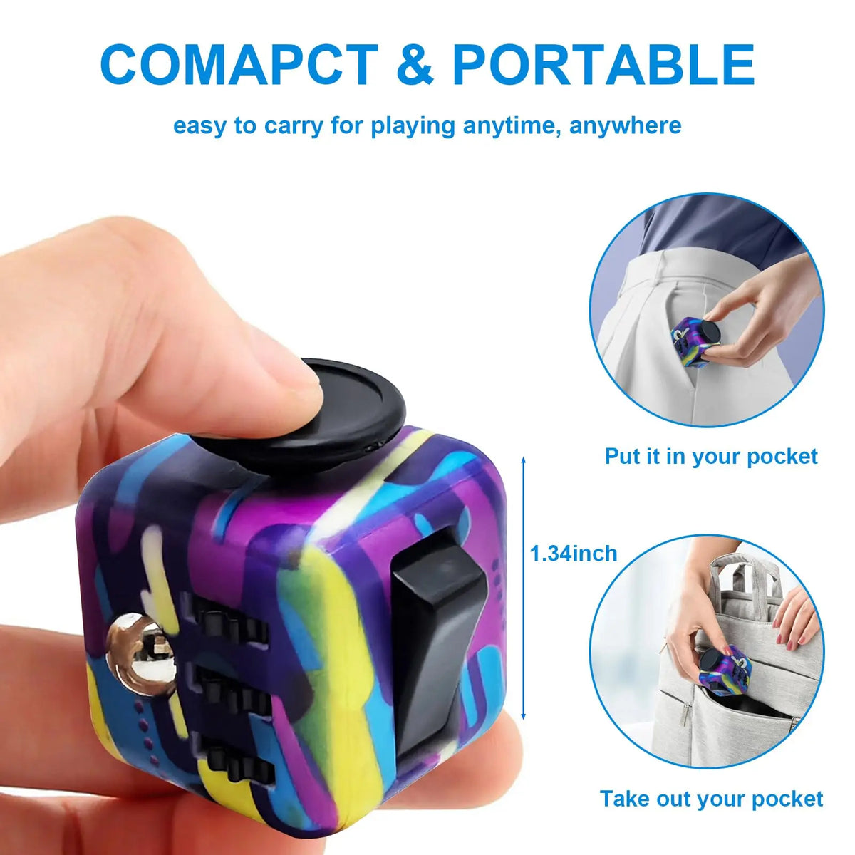 6-in-1 Fidget Cube Antistress Toy 3.4cm 40g - Hand Spinner Decompression Tool for ADHD Autism Anxiety Stress Relief Kids Adul
