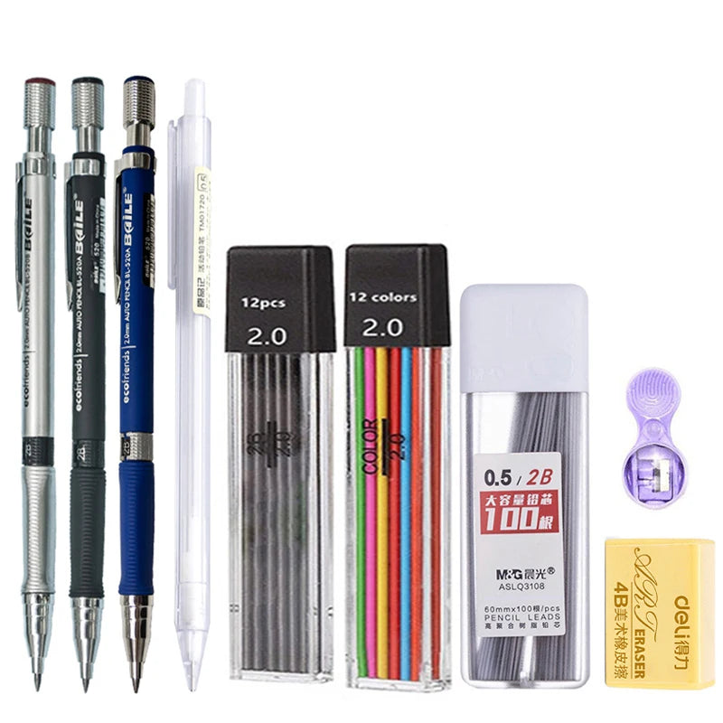 2.0mm Mechanical Pencil Set with 2B Lead Refills – Black & Colour Leads for Writing, Sketching, Drawing & Art (Pencil Sets & 