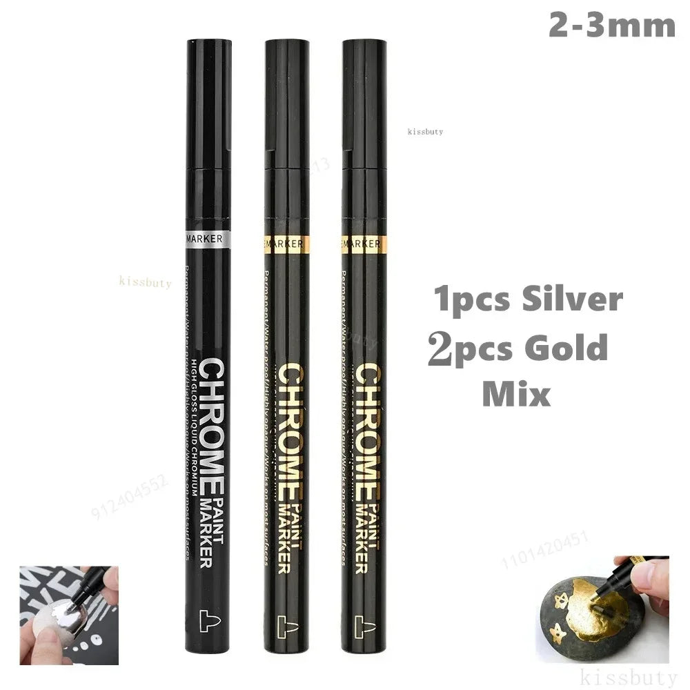 Chrome Mirror Marker Pens – 2mm Reflective Silver & Gold Paint Markers for Car Styling, Art & DIY Crafts (1, 2 or 3-Pack)