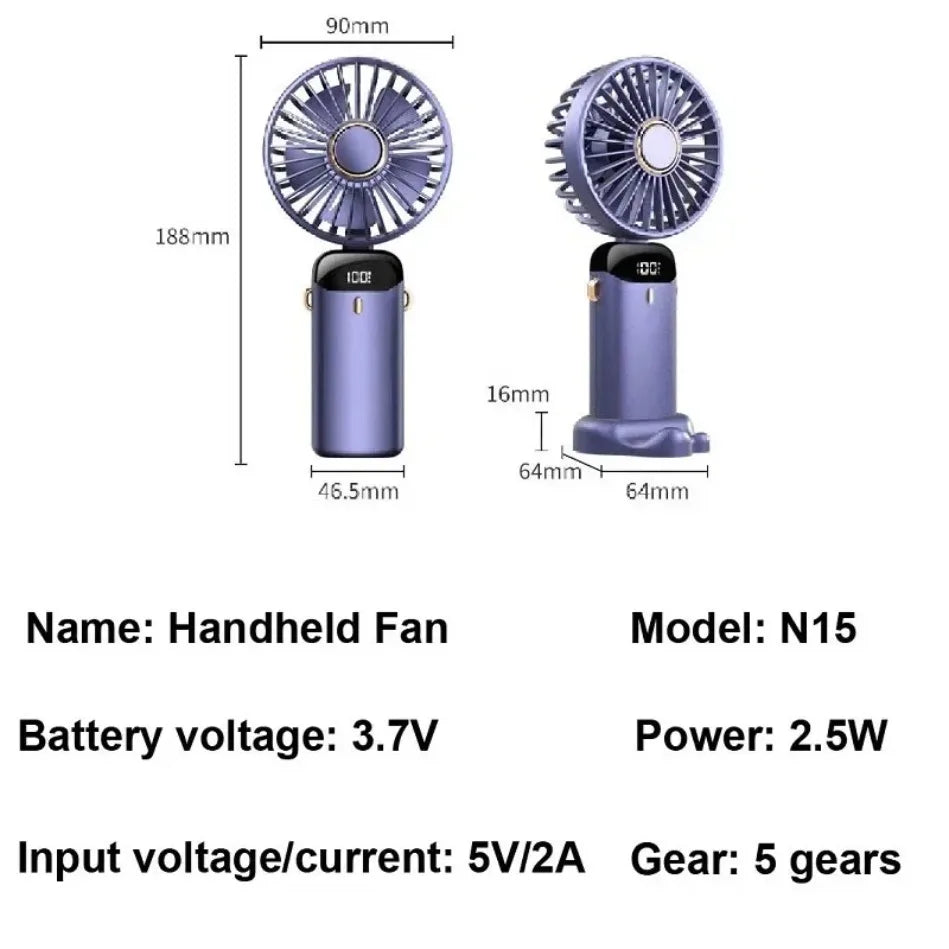 Folding Fan with Phone Stand, 5-Speed USB-C Rechargeable, LED Display Handheld & Desk Fan, Portable Fan for Outdoor Travel Gi
