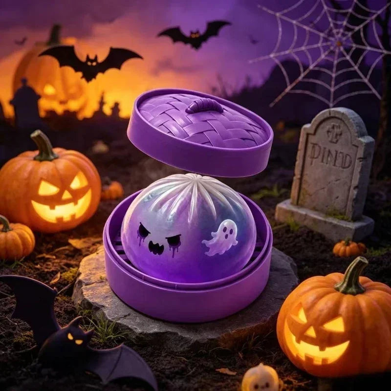 Glitter Halloween Ghost Dumpling Squishy – Slow-Rise Silicone Stress Relief Toy for ASMR & Halloween Gifting
