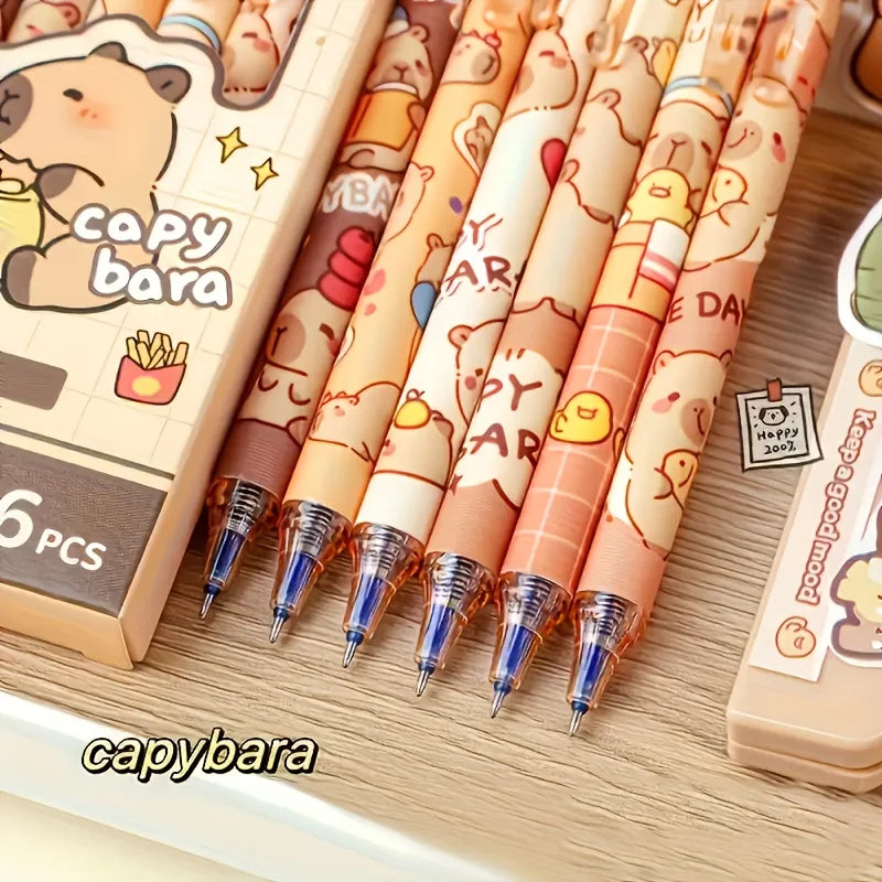 Capybara Erasable Retractable Gel Pens – 6pcs in 6 Colours, 0.5mm Quick-Dry Smooth Writing for School & Office