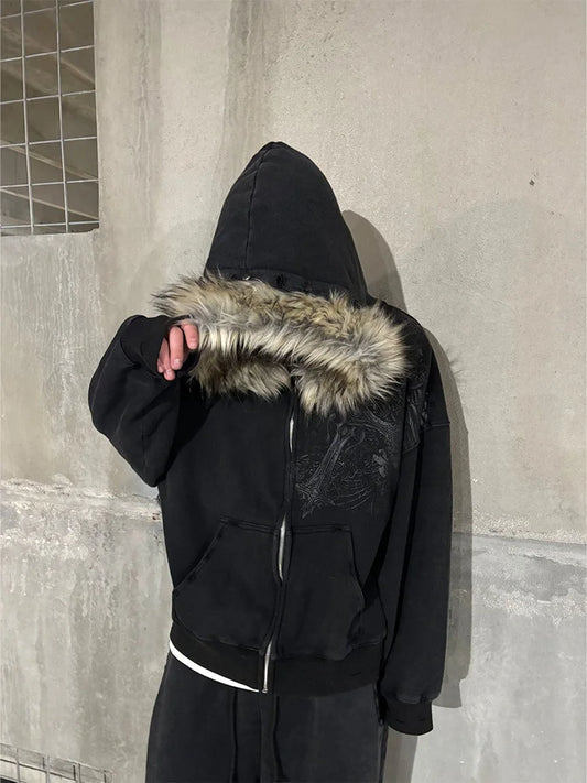 Autumn Winter Y2k Women Aesthetic Harajuku Faux Fur Collar Hoodies Clothes Graphic Hip Hop Punk Gothic Zip Up Hoodies 2026 Ne