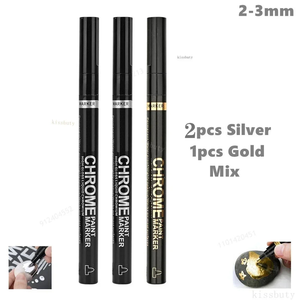 Chrome Mirror Marker Pens – 2mm Reflective Silver & Gold Paint Markers for Car Styling, Art & DIY Crafts (1, 2 or 3-Pack)