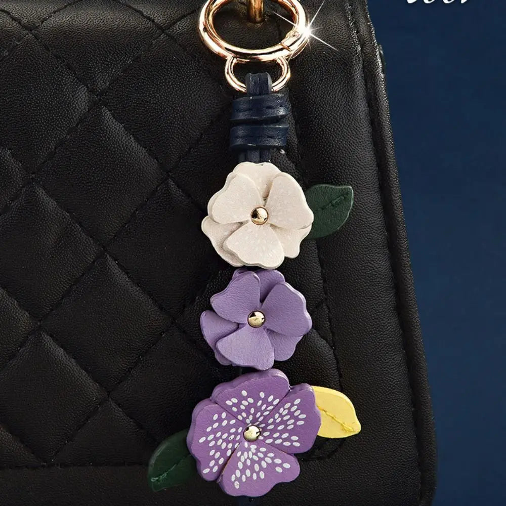 Handmade PU Leather Flower Bag Pendant & Keychain – Lotus Charm for Women