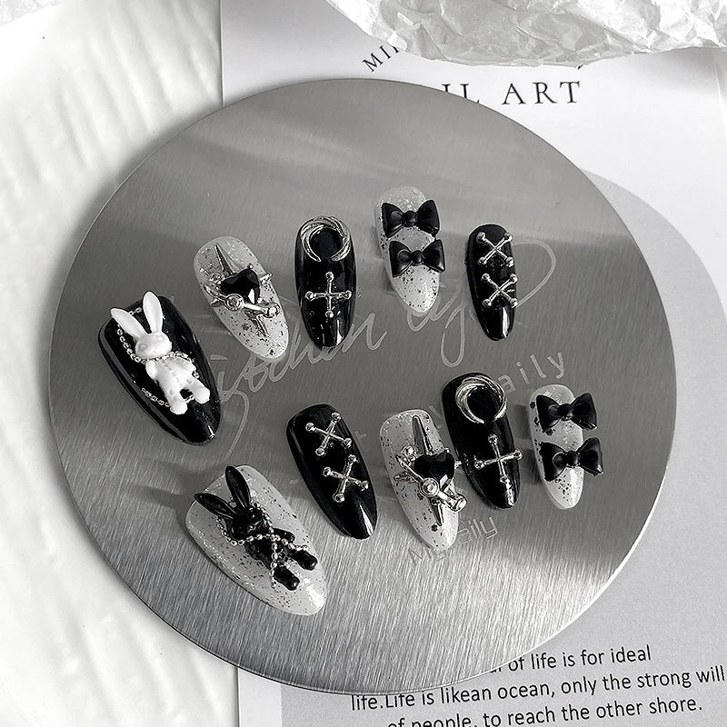 Halloween Black & White Bunny Press-On Nails – 10pcs Handmade Almond Shaped Fake Nails for Women
