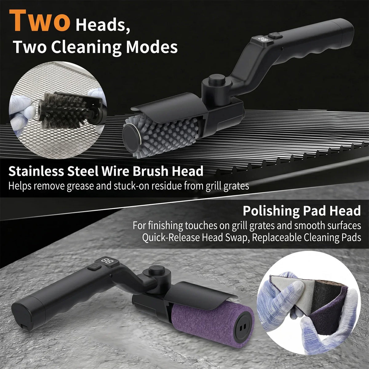 Electric Grill Scrubber Brush – 4000mAh Rechargeable, 3-Speed Rotating Cleaning Head