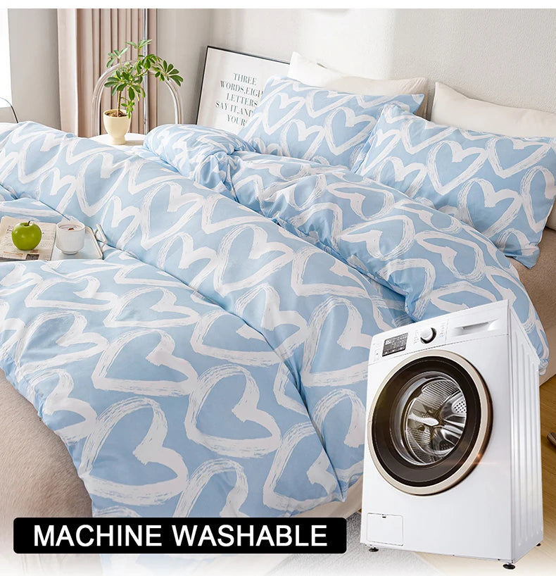 3pcs/set Heart Print Duvet Cover Set - Blue & Gray(1 Duvet Cover & 2 Pillowcase?Soft And Skin-Friendly Duvet Cover Bedding Set