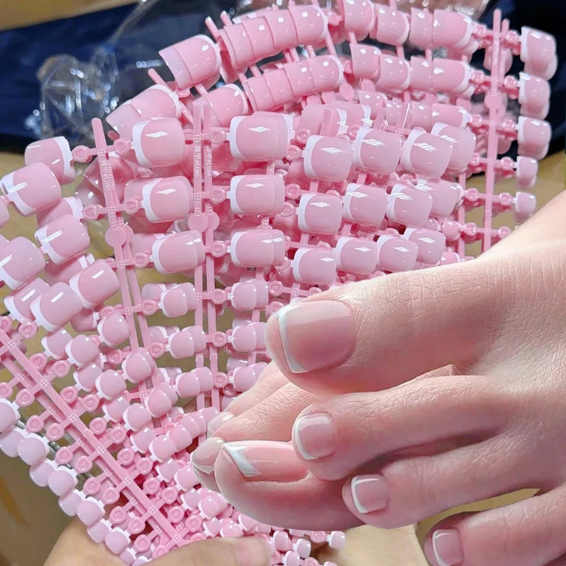 Press-On Toenails – 120pcs Short Square French Pink Soft Gel False Toe Nail Tips