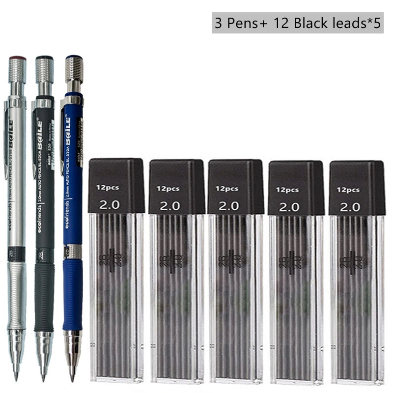 2.0mm Mechanical Pencil Set with 2B Lead Refills – Black & Colour Leads for Writing, Sketching, Drawing & Art (Pencil Sets & Refill Packs)