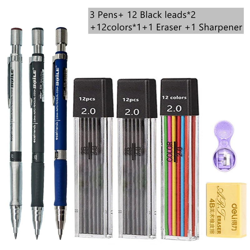 2.0mm Mechanical Pencil Set with 2B Lead Refills – Black & Colour Leads for Writing, Sketching, Drawing & Art (Pencil Sets & Refill Packs)